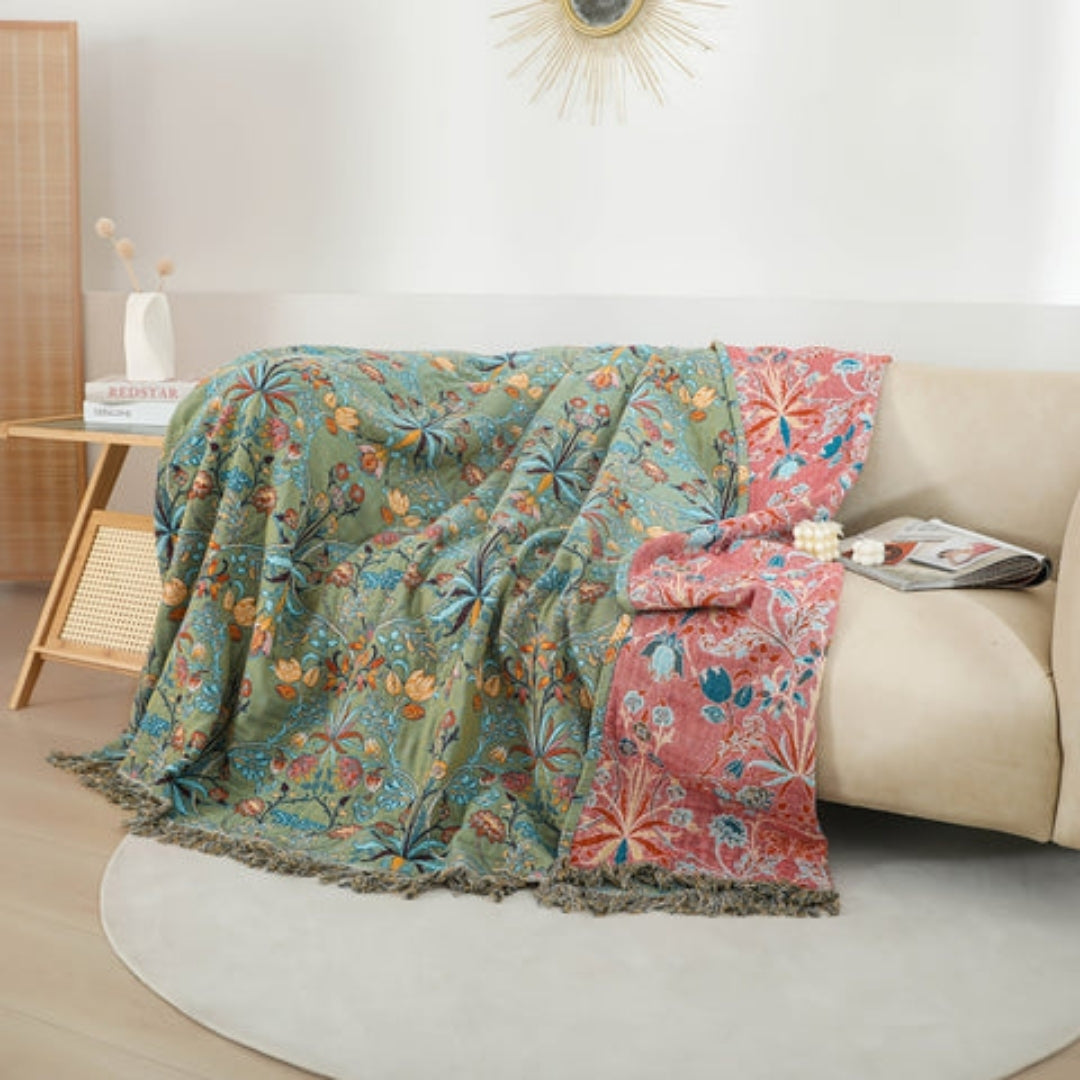 Katoenen Dekbed - Omkeerbaar Bloemenpatroon Met Decoratieve Franjes
