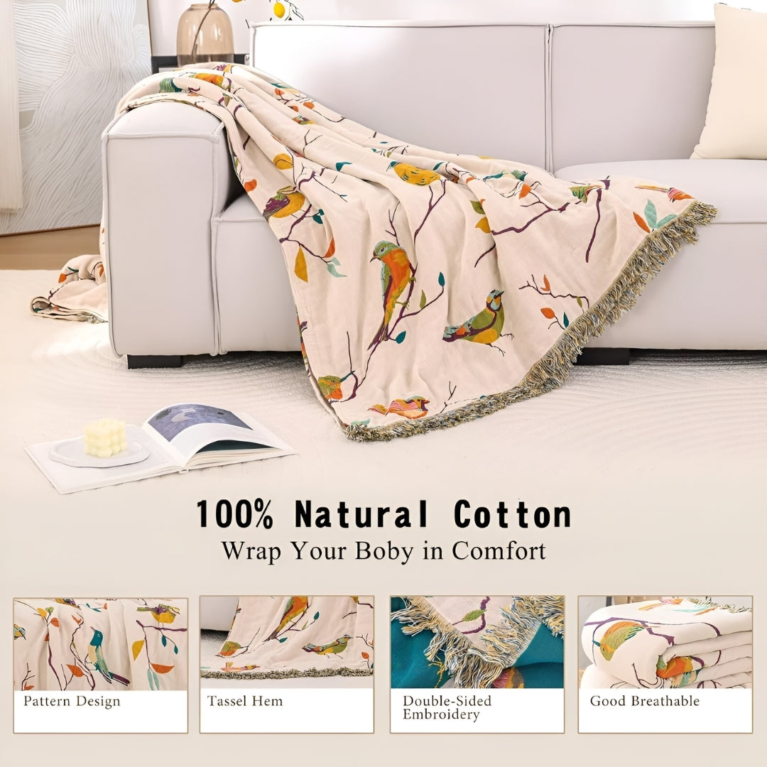 Katoenen Deken - Boho Vogelpatroon Met Decoratieve Franjes