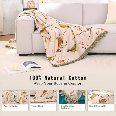 Katoenen Deken - Boho Vogelpatroon Met Decoratieve Franjes