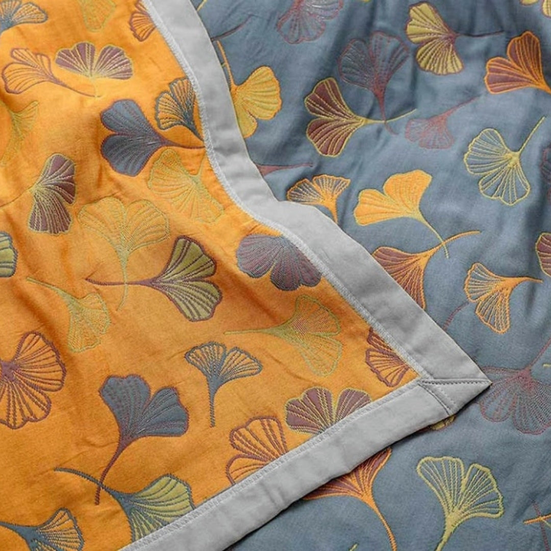 Deken - Omkeerbaar Ginkgo Bladpatroon In Geel En Blauw