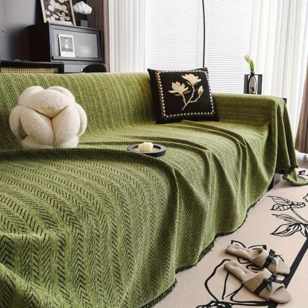 Bankhoes - Chenille Visgraatpatroon met Kwastjes en Antislip Afwerking