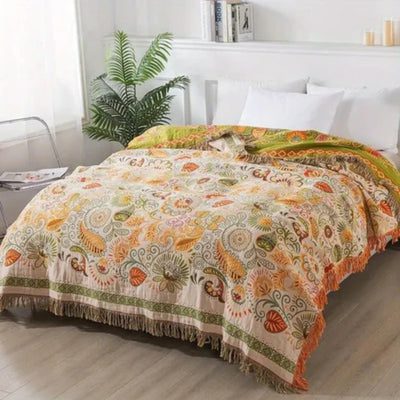 Boho Deken - Omkeerbaar met Herfstbladeren en Franjes