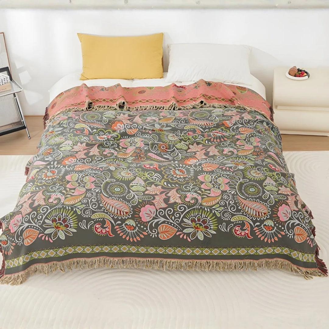 Boho Deken - Omkeerbaar met Herfstbladeren en Franjes