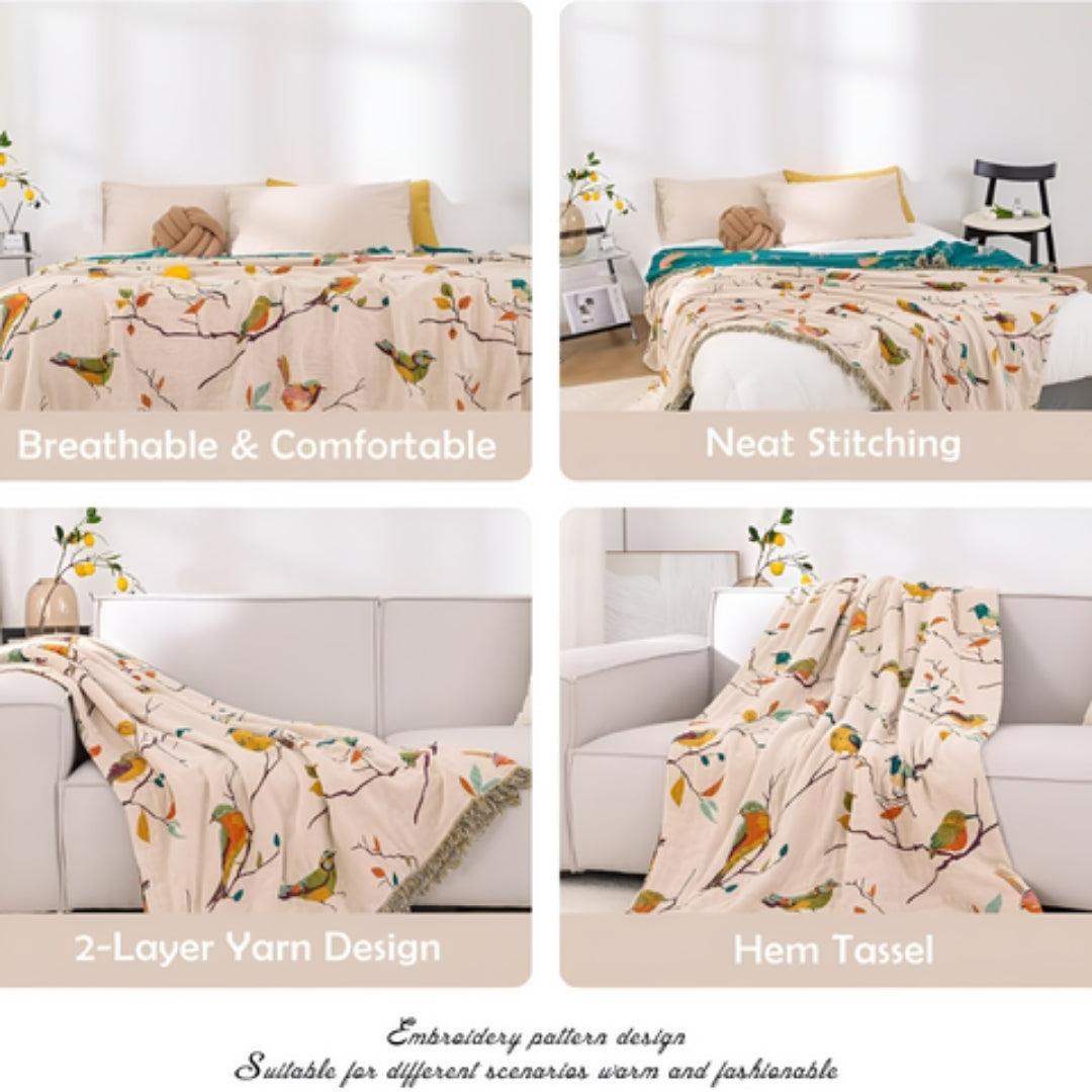 Katoenen Deken - Boho Vogelpatroon Met Decoratieve Franjes