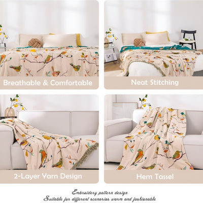 Katoenen Deken - Boho Vogelpatroon Met Decoratieve Franjes
