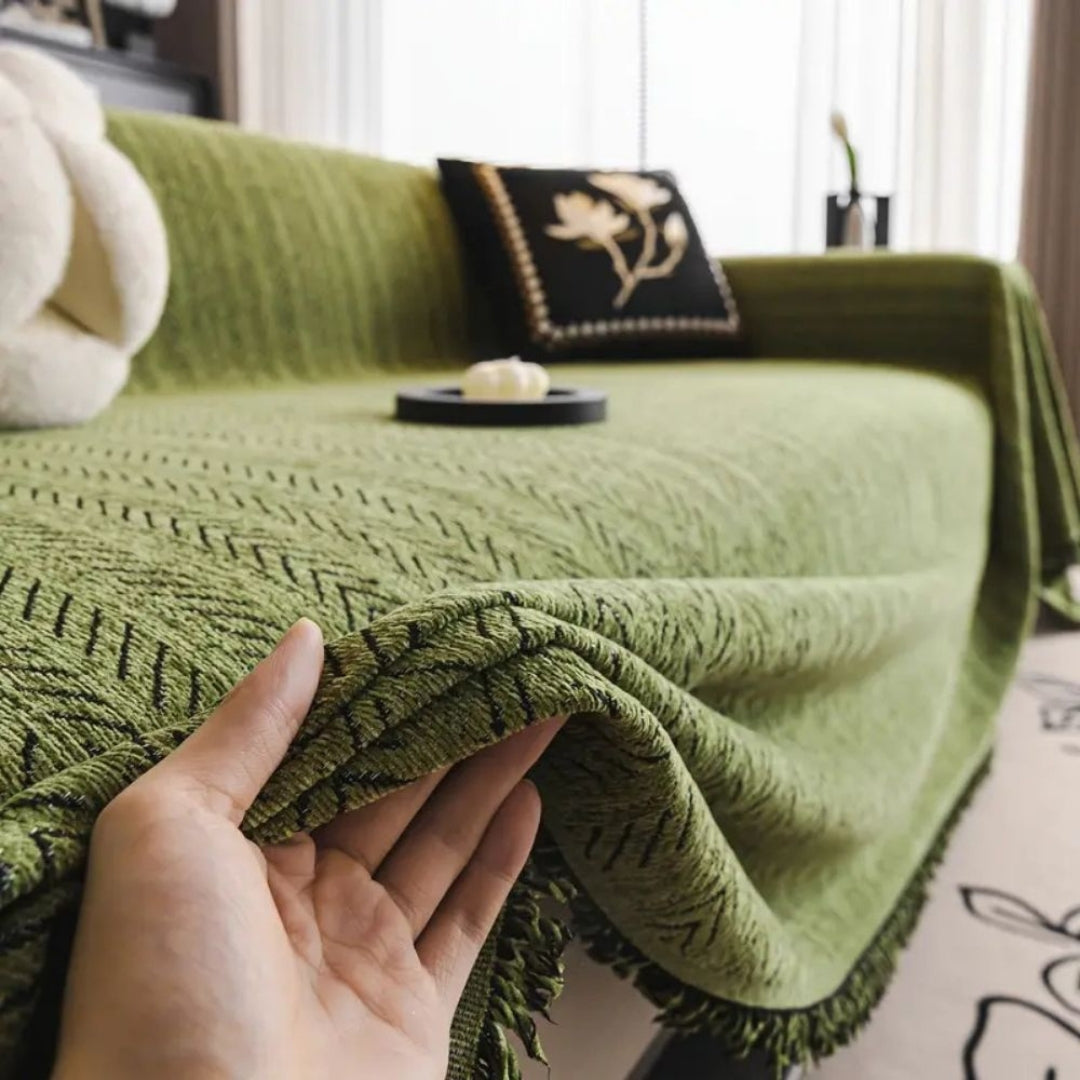 Bankhoes - Chenille Visgraatpatroon met Kwastjes en Antislip Afwerking