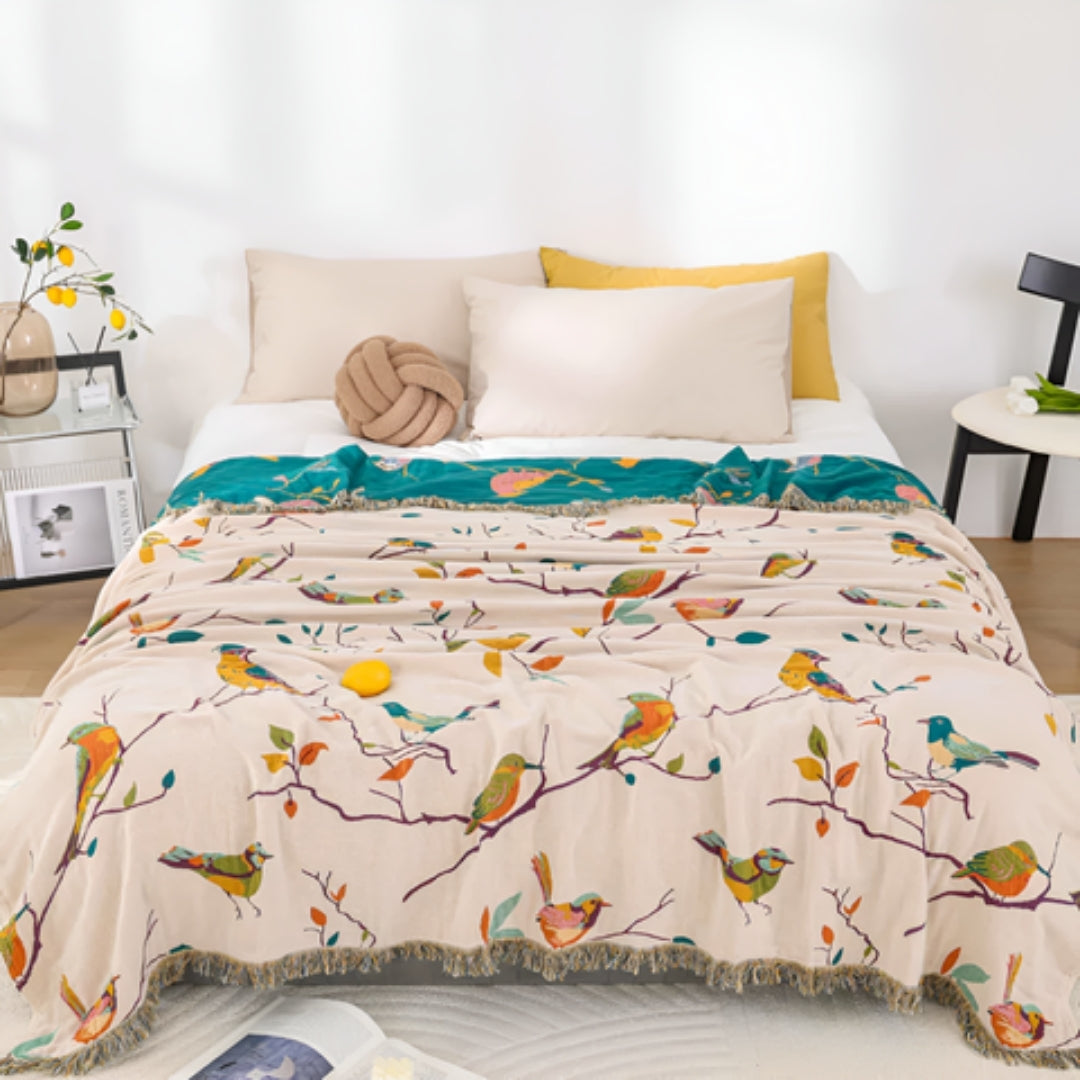 Katoenen Deken - Boho Vogelpatroon Met Decoratieve Franjes