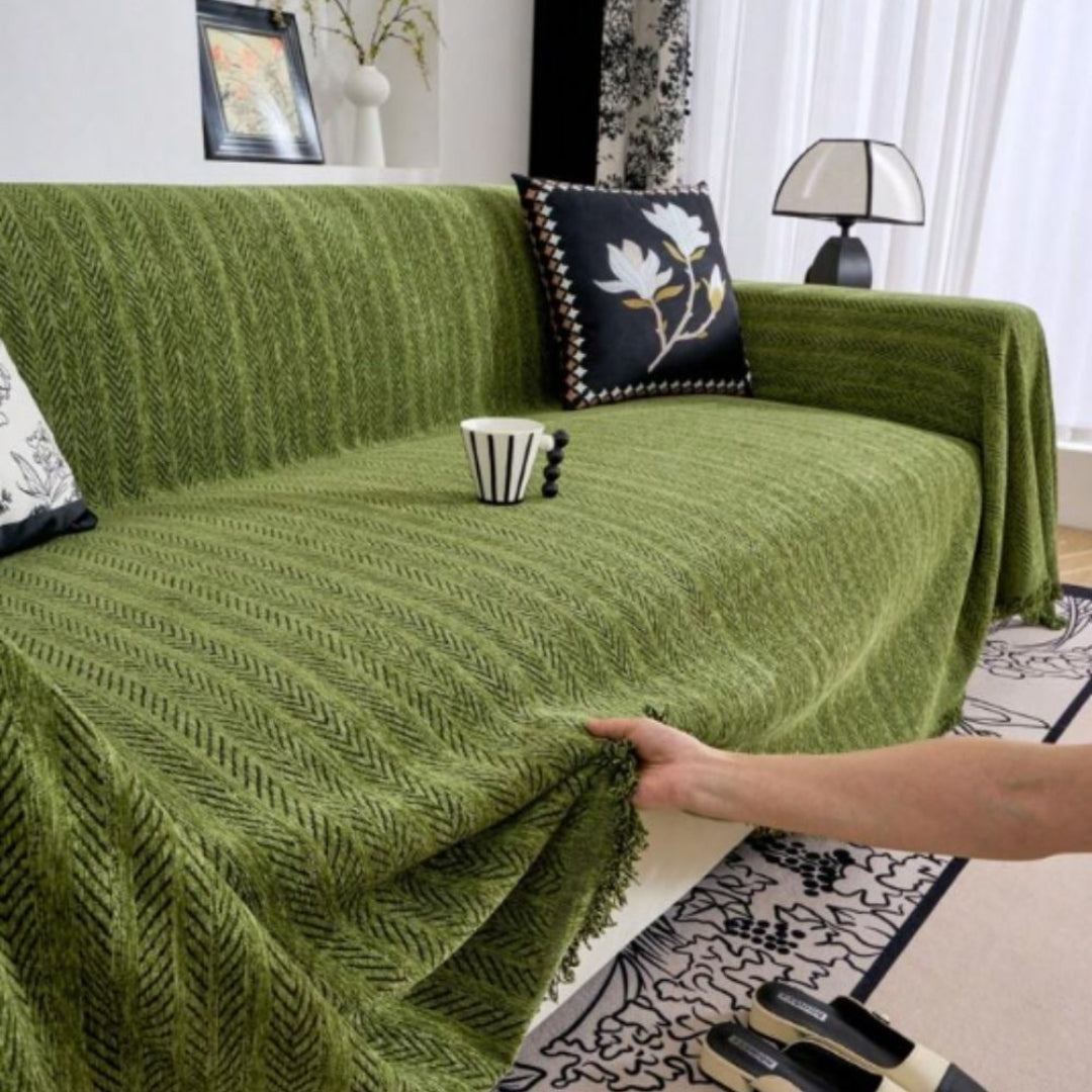 Bankhoes - Chenille Visgraatpatroon met Kwastjes en Antislip Afwerking
