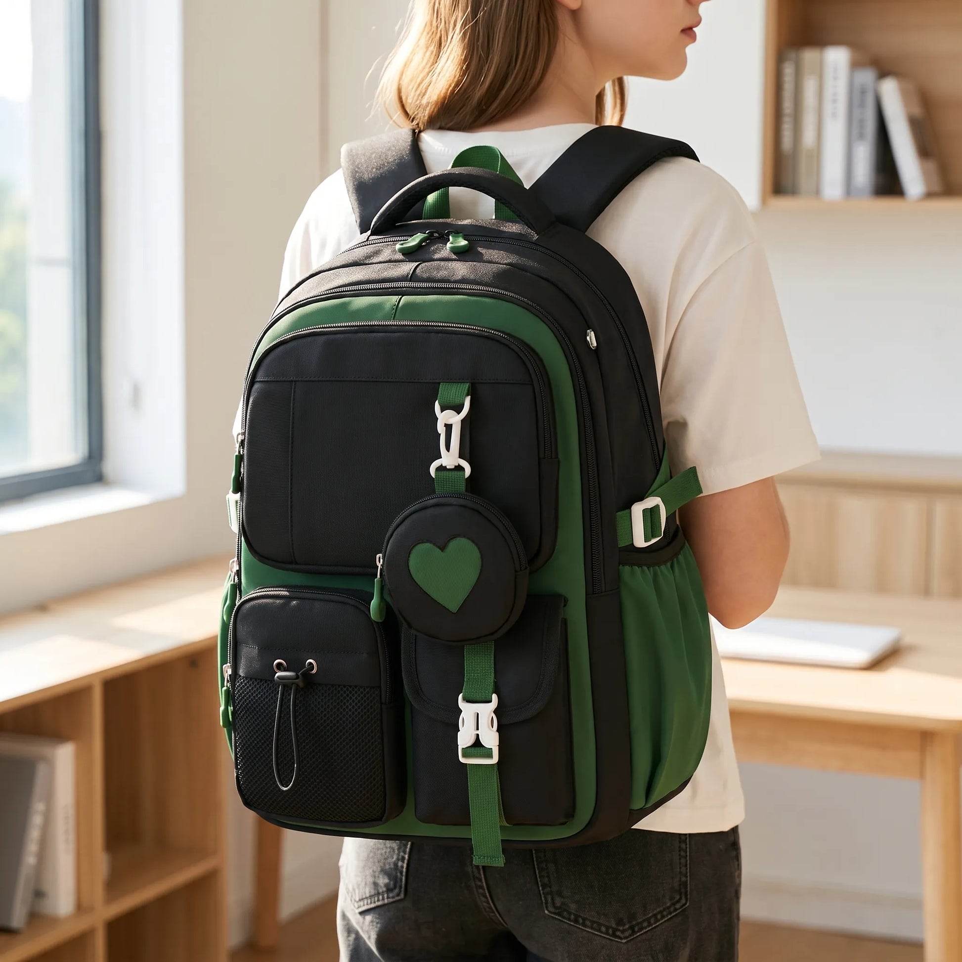 Schooltas Voor Meiden met Geometrisch Design en Hart-Accessoire