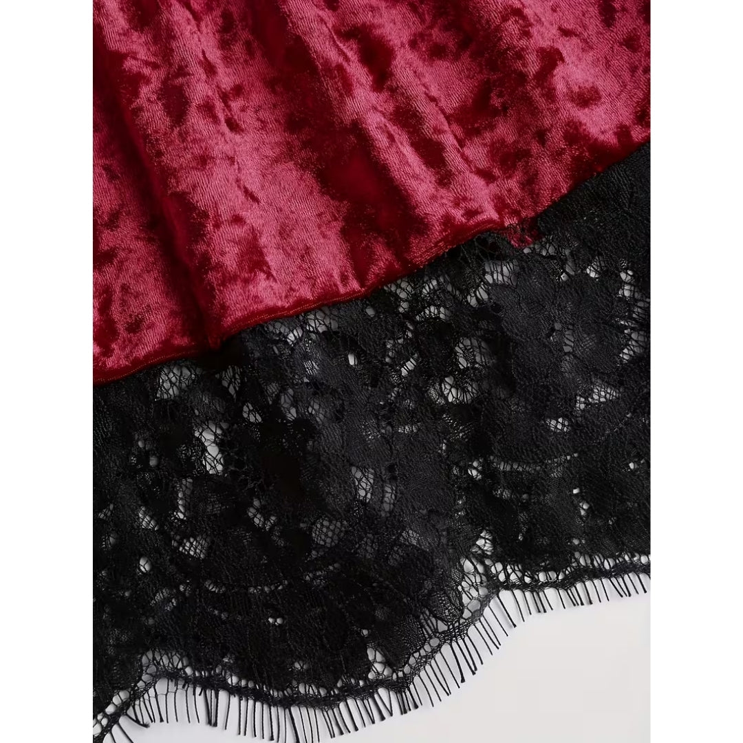 Gothic Fluwelen Rode Jurk met Kant en Strik - Livia