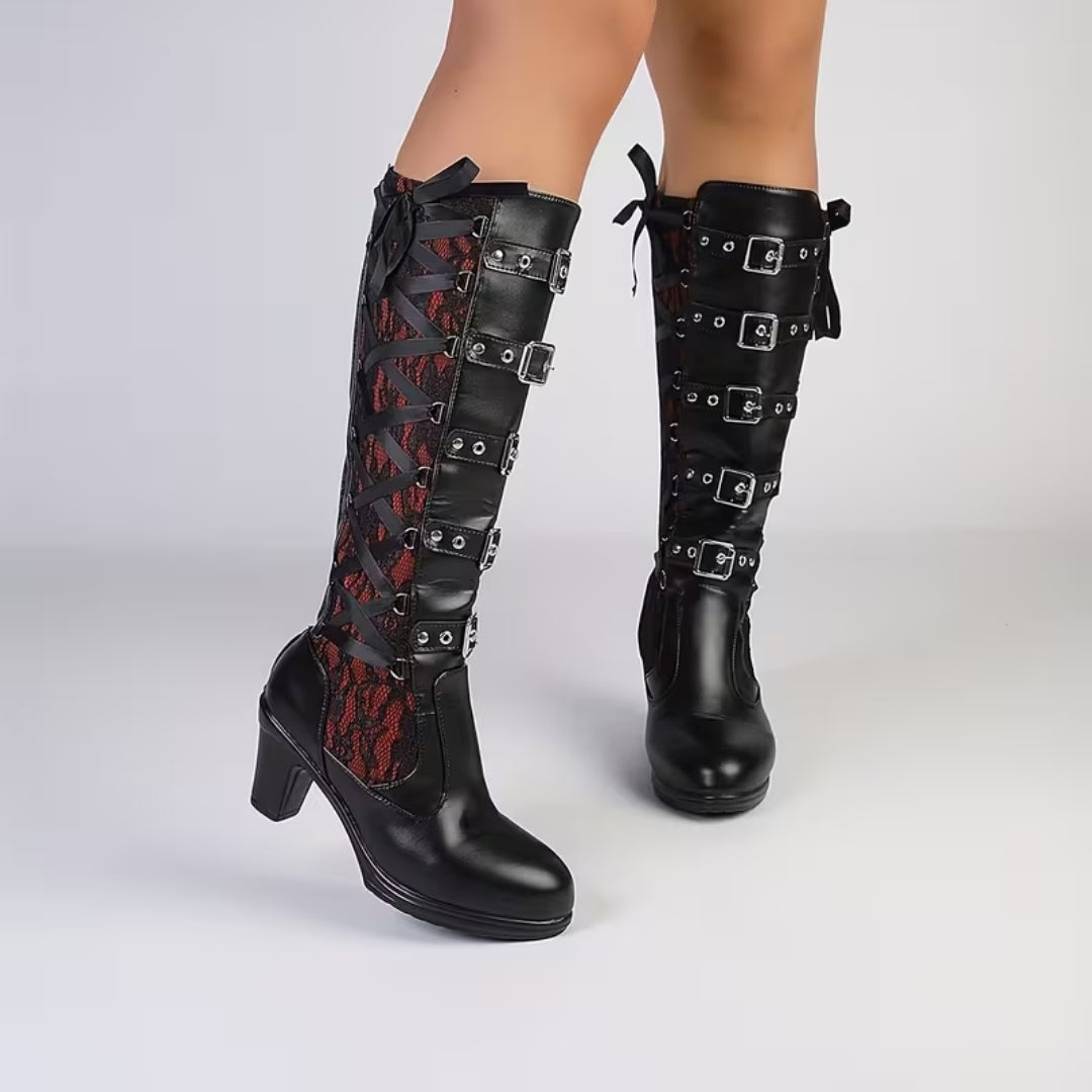 Gothic Punk Hoge Laarzen met Gespen en Blokhak - Vicky