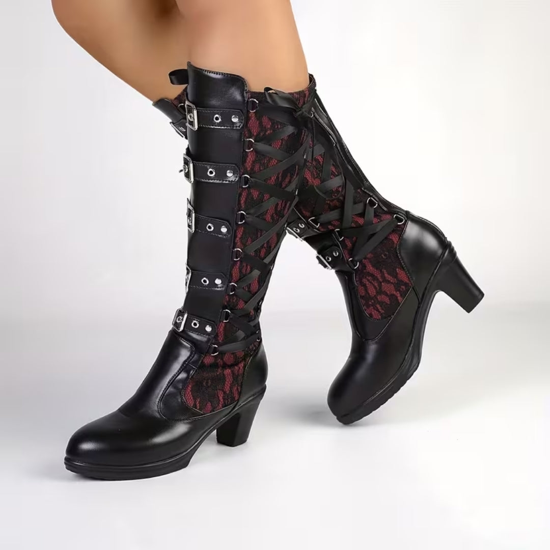 Gothic Punk Hoge Laarzen met Gespen en Blokhak - Vicky