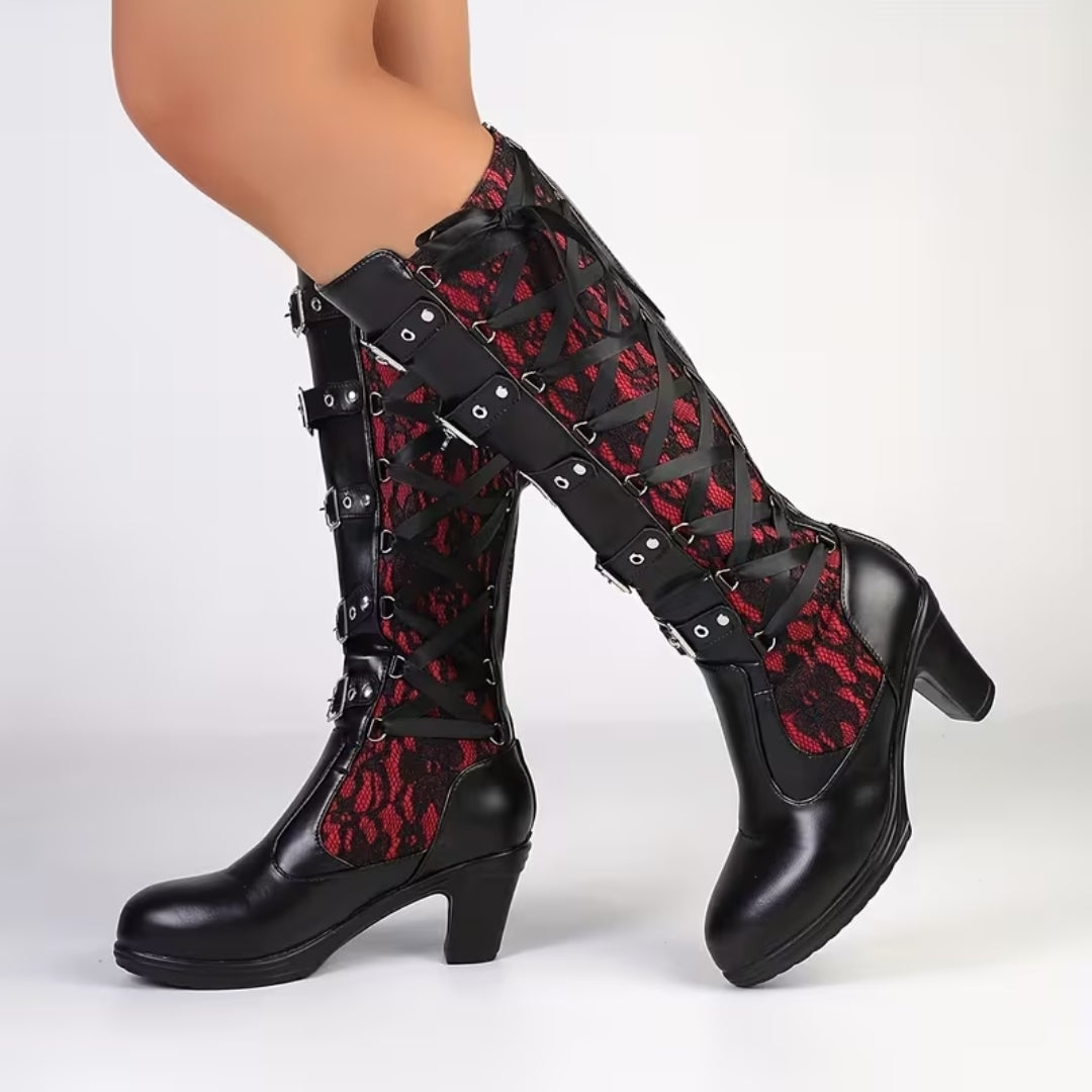 Gothic Punk Hoge Laarzen met Gespen en Blokhak - Vicky