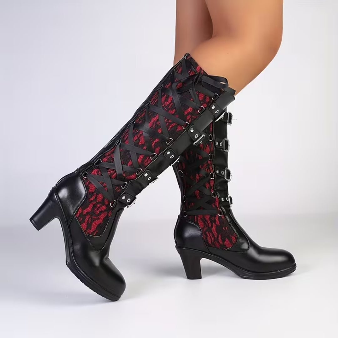 Gothic Punk Hoge Laarzen met Gespen en Blokhak - Vicky