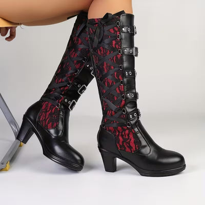 Gothic Punk Hoge Laarzen met Gespen en Blokhak - Vicky