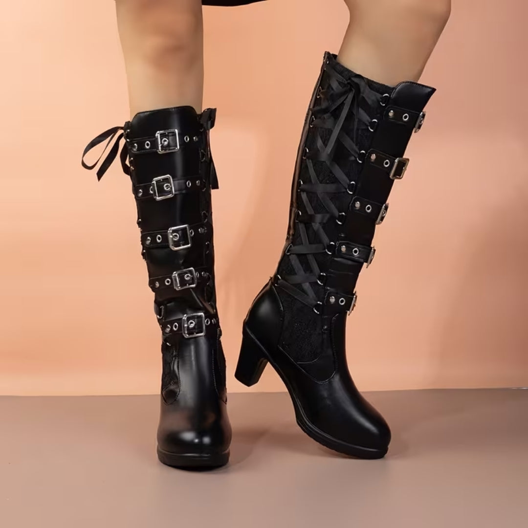 Gothic Punk Hoge Laarzen met Gespen en Blokhak - Vicky