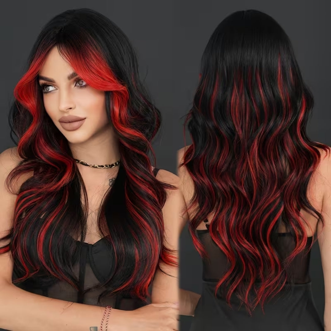 Zwart Rode Pruik - Lange Krullende Ombre Look Voor Halloween