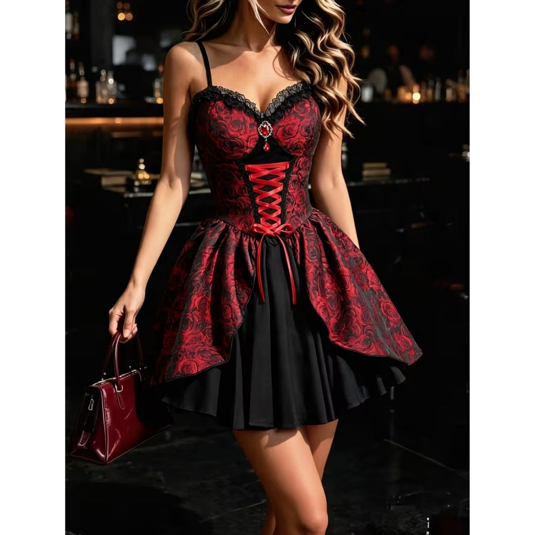 Rode Vampier Jurk - Gothic Stijl met Veterdetail Voor Halloween