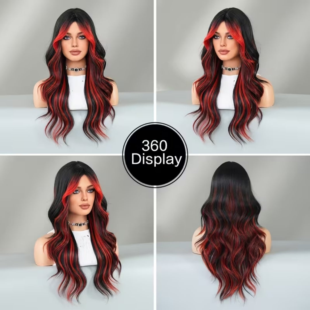 Zwart Rode Pruik - Lange Krullende Ombre Look Voor Halloween