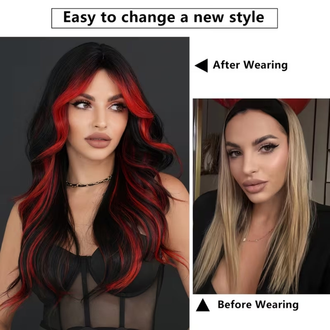 Zwart Rode Pruik - Lange Krullende Ombre Look Voor Halloween