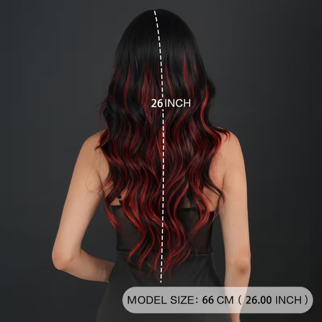 Zwart Rode Pruik - Lange Krullende Ombre Look Voor Halloween
