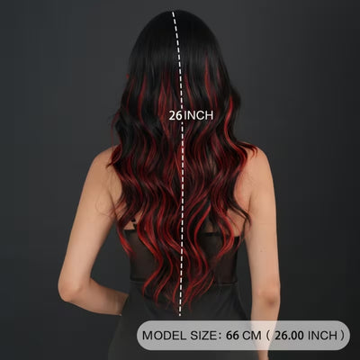 Zwart Rode Pruik - Lange Krullende Ombre Look Voor Halloween
