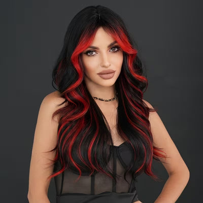 Zwart Rode Pruik - Lange Krullende Ombre Look Voor Halloween