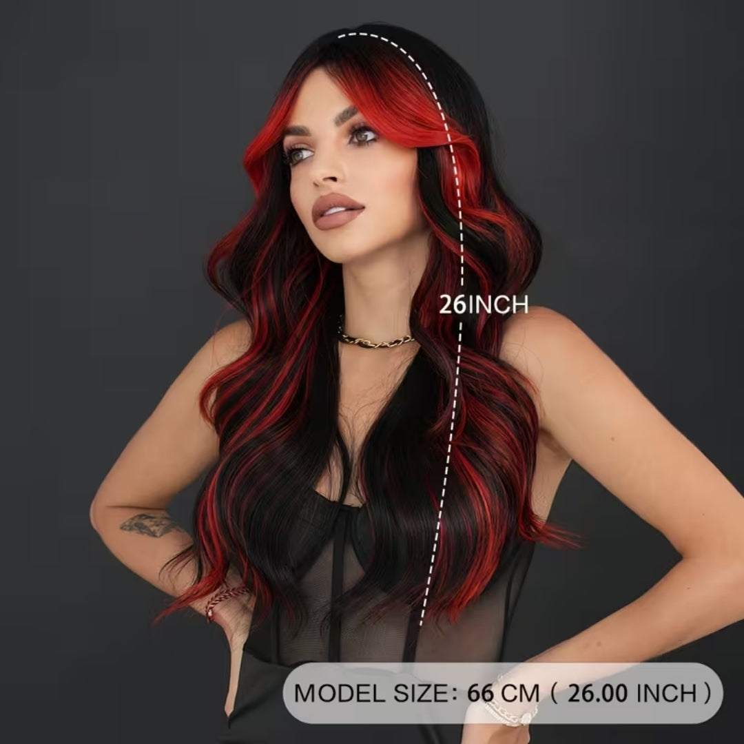 Zwart Rode Pruik - Lange Krullende Ombre Look Voor Halloween