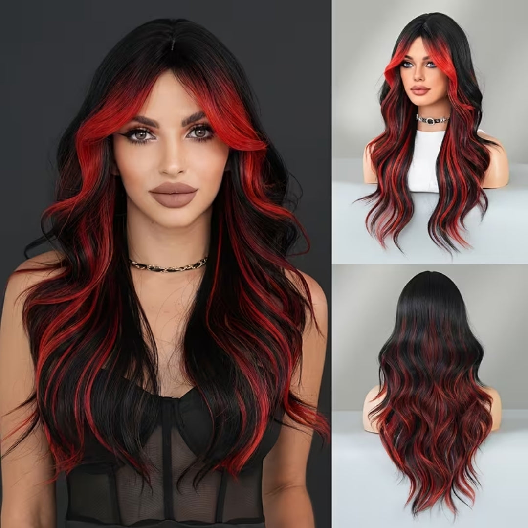 Zwart Rode Pruik - Lange Krullende Ombre Look Voor Halloween