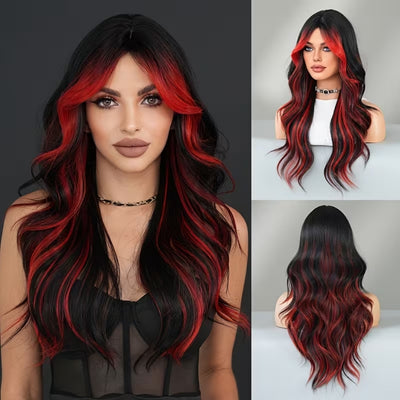 Zwart Rode Pruik - Lange Krullende Ombre Look Voor Halloween