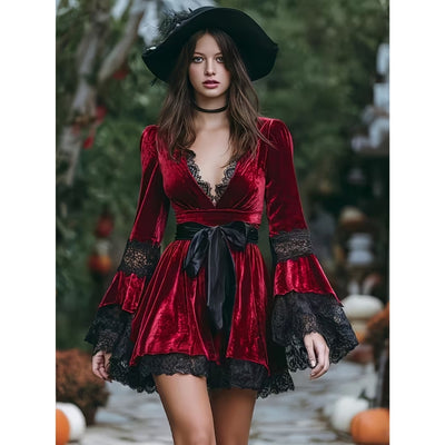 Gothic Fluwelen Rode Jurk met Kant en Strik - Livia