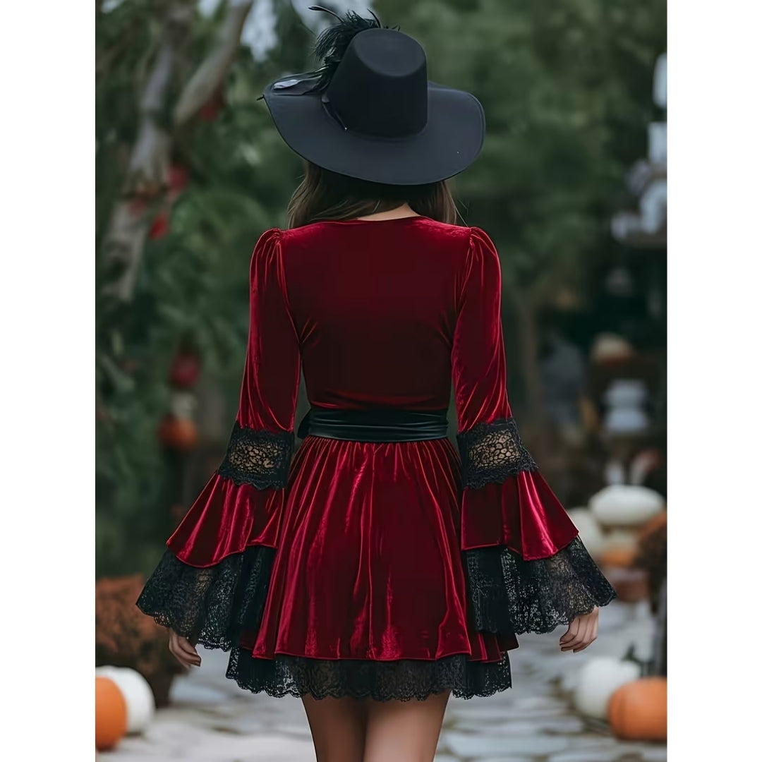 Gothic Fluwelen Rode Jurk met Kant en Strik - Livia