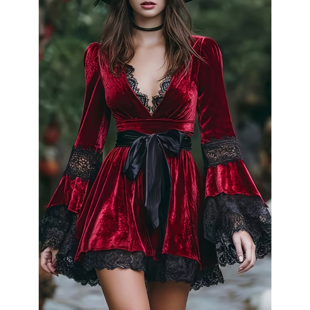 Gothic Fluwelen Rode Jurk met Kant en Strik - Livia