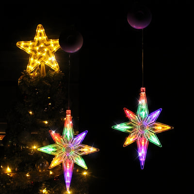 2 projecteurs d'étoiles à ventouse avec lumières à piles - Lampes suspendues pour plafond/mur/fenêtre avec lumière blanc chaud, décorations de chambre, de Noël et d'hiver en plastique (piles non incluses)