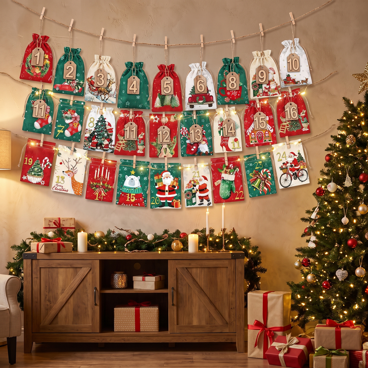 Adventskalender Zakjes – Set van 24 Stoffen Zakjes om Zelf te Vullen (2)