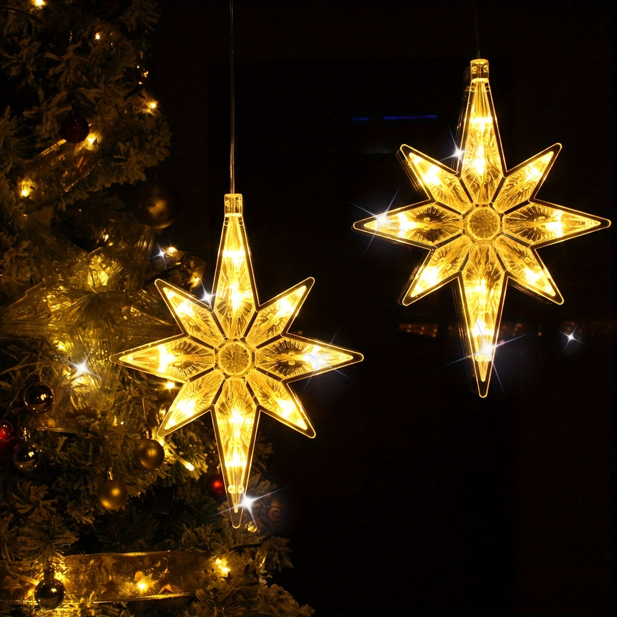 2 projecteurs d'étoiles à ventouse avec lumières à piles - Lampes suspendues pour plafond/mur/fenêtre avec lumière blanc chaud, décorations de chambre, de Noël et d'hiver en plastique (piles non incluses)