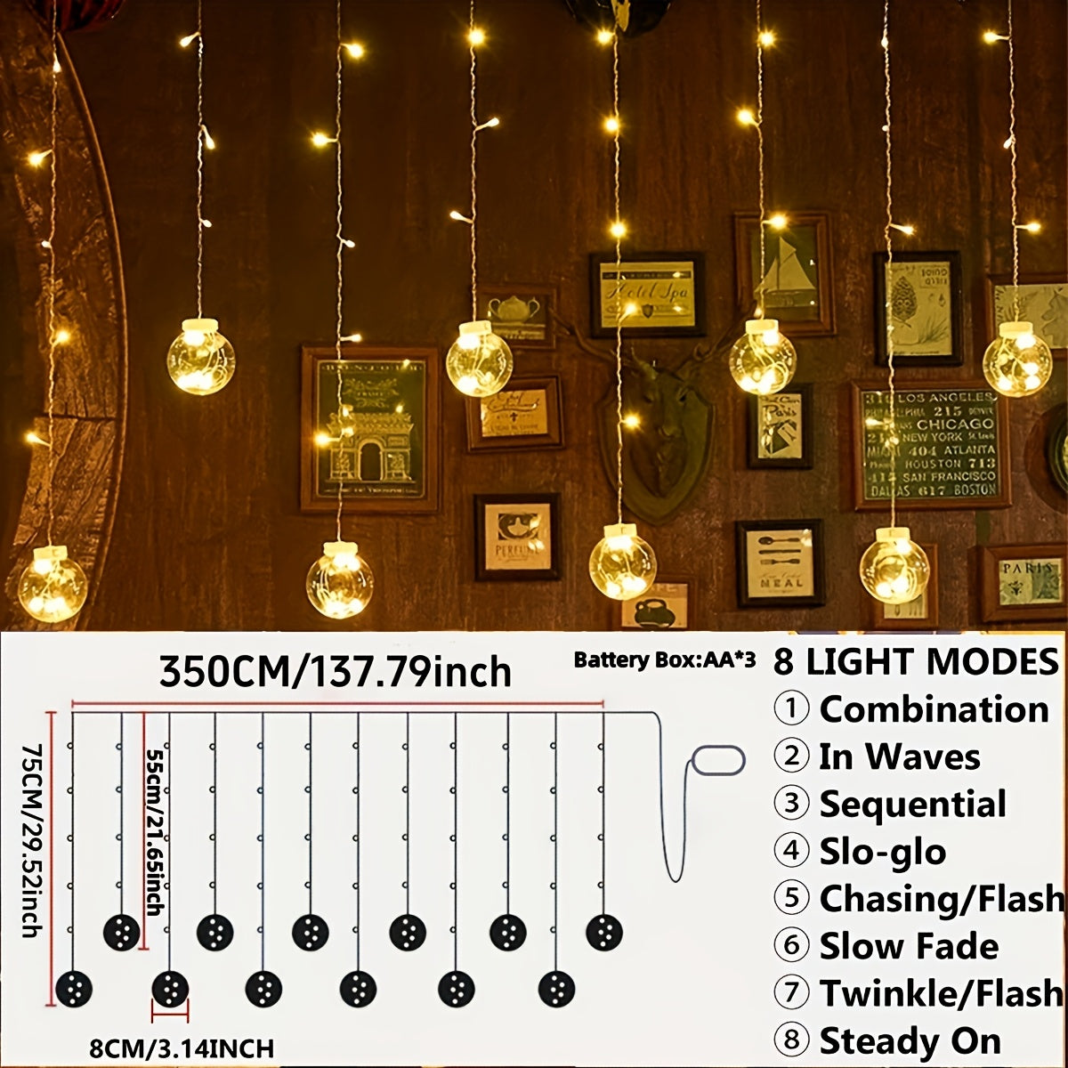 3.0 meter Feeënlampjes met 108 LED-lampen - 12 Heldere Sferische Lampen, Werkt op Batterijen, Geen Stekker Nodig, Wandmontage, Perfect voor Kerstmis, Valentijnsdag & Apos;S Dag, Verjaardagen, en Binnenhuis Feestdecoratie, Binnenhuis Feestdecoratie | Klass
