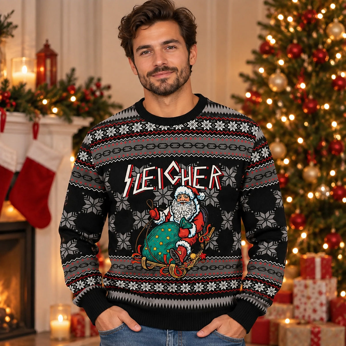 Grappige Kersttrui – Opvallende Heren Trui met Rocker Kerstprint (3)