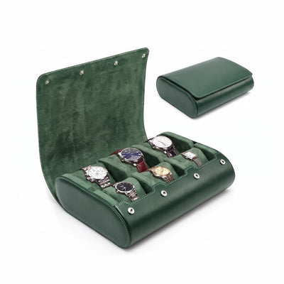 Horloge Opbergdoos - Luxe watch case van echt leer - Groen / 6 Horloges open