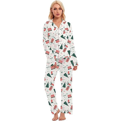 Katoenen Pyjama Dames - Kerstset met Lange Mouwen en Knoopsluiting
