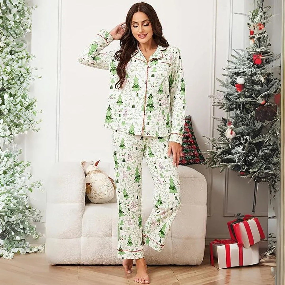 Katoenen Pyjama Dames Kerstbomen