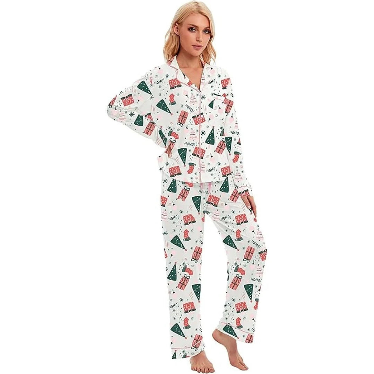 Katoenen Pyjama Dames – Kerstset met Lange Mouwen en Knoopsluiting (6)