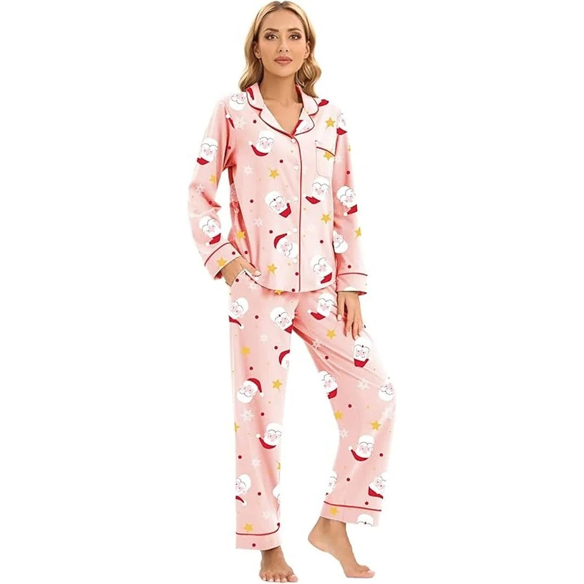 Katoenen Pyjama Dames – Kerstset met Lange Mouwen en Knoopsluiting (8)
