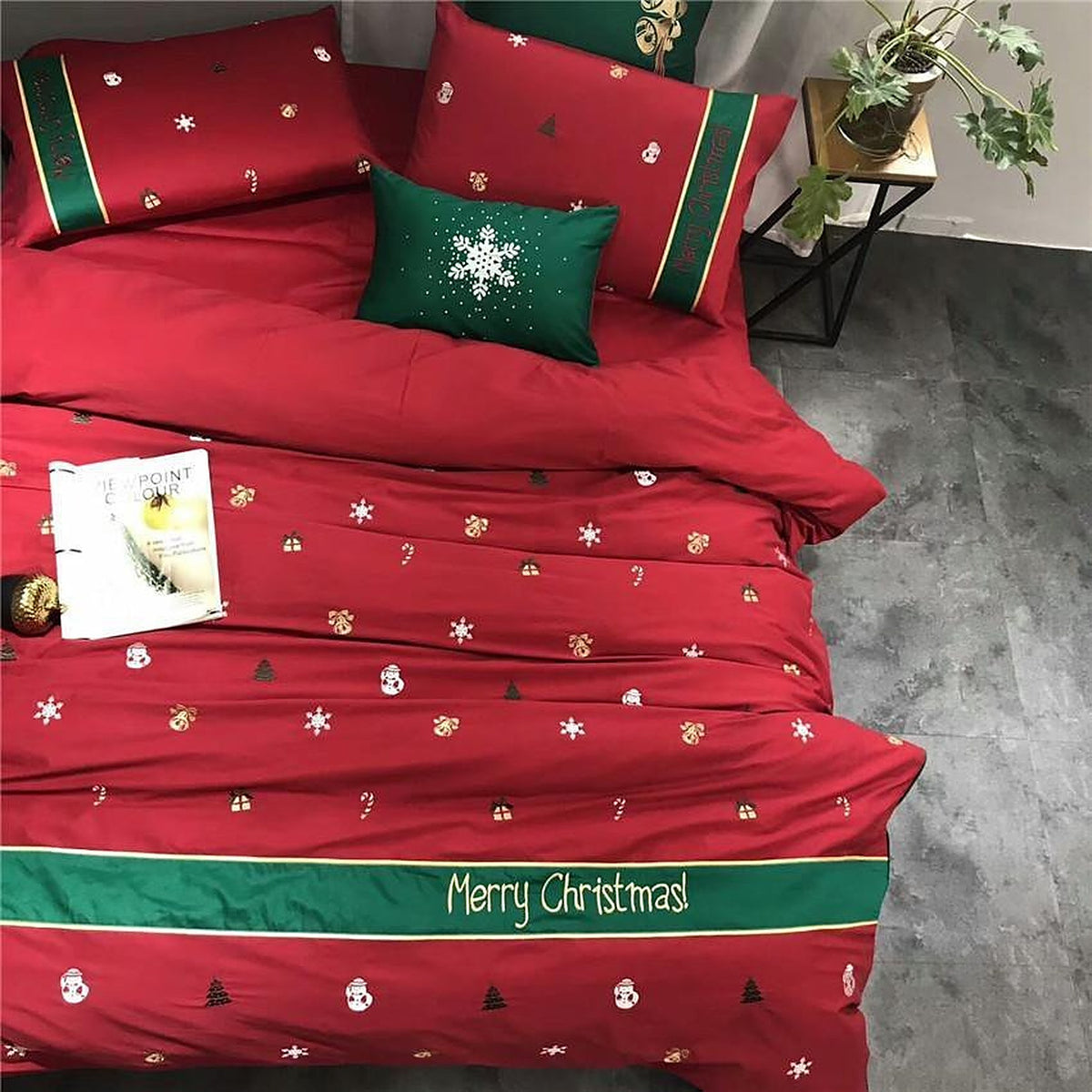 Kerst Dekbedovertrek – Katoenen Beddengoed in Rood en Groen met Kerstprint (2)