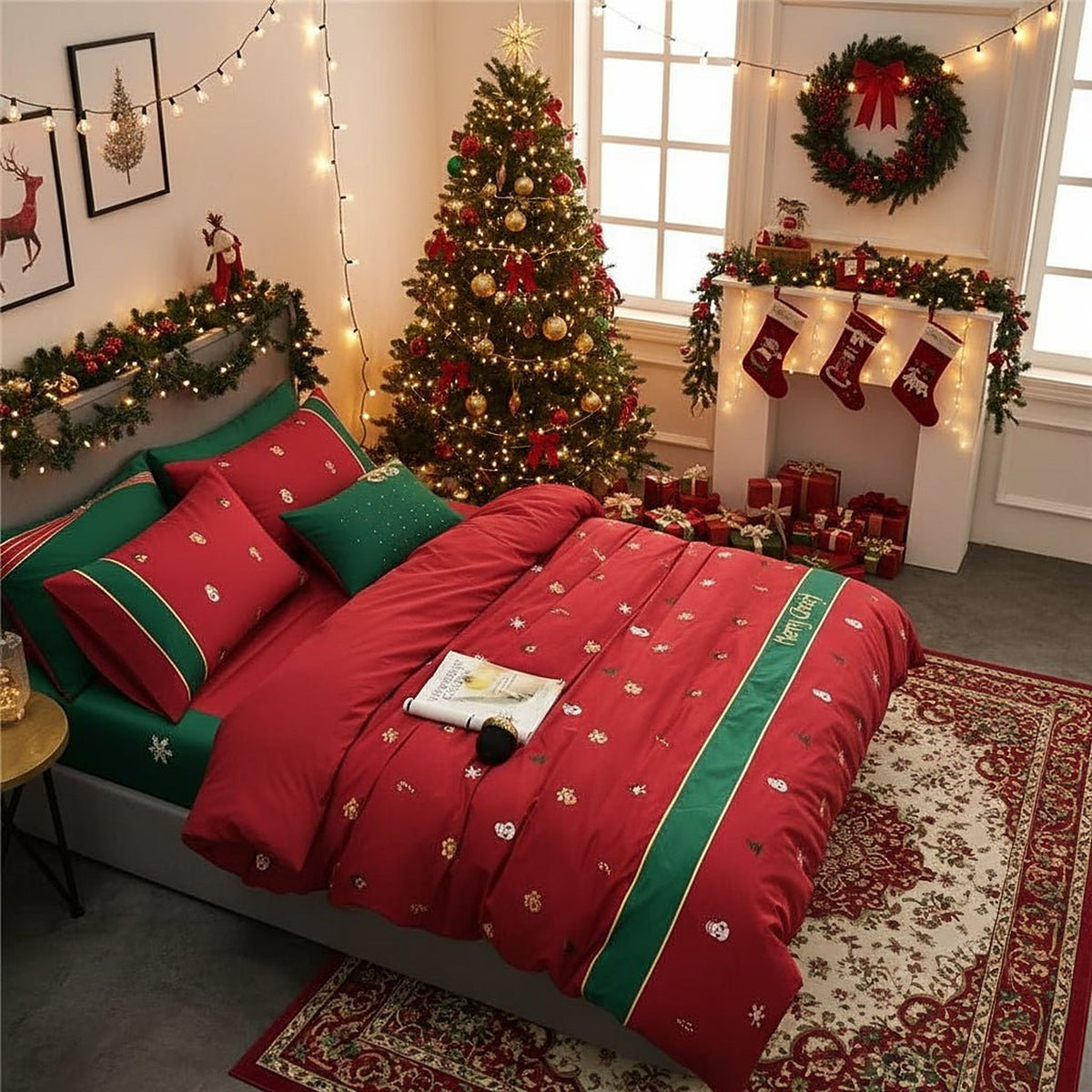 Kerst Dekbedovertrek – Katoenen Beddengoed in Rood en Groen met Kerstprint (3)