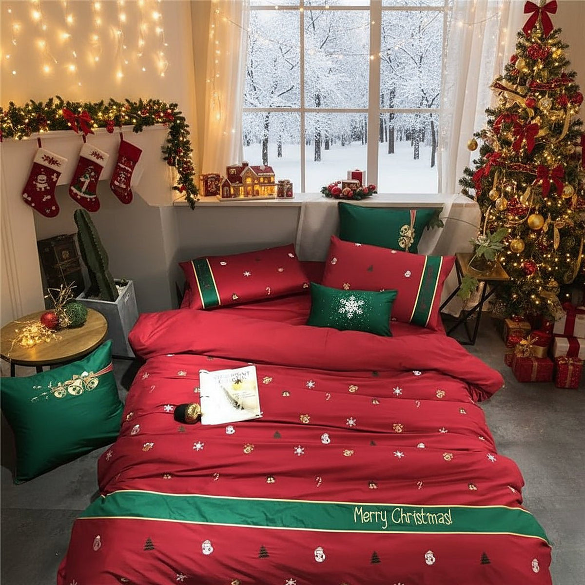 Kerst Dekbedovertrek – Katoenen Beddengoed in Rood en Groen met Kerstprint (4)