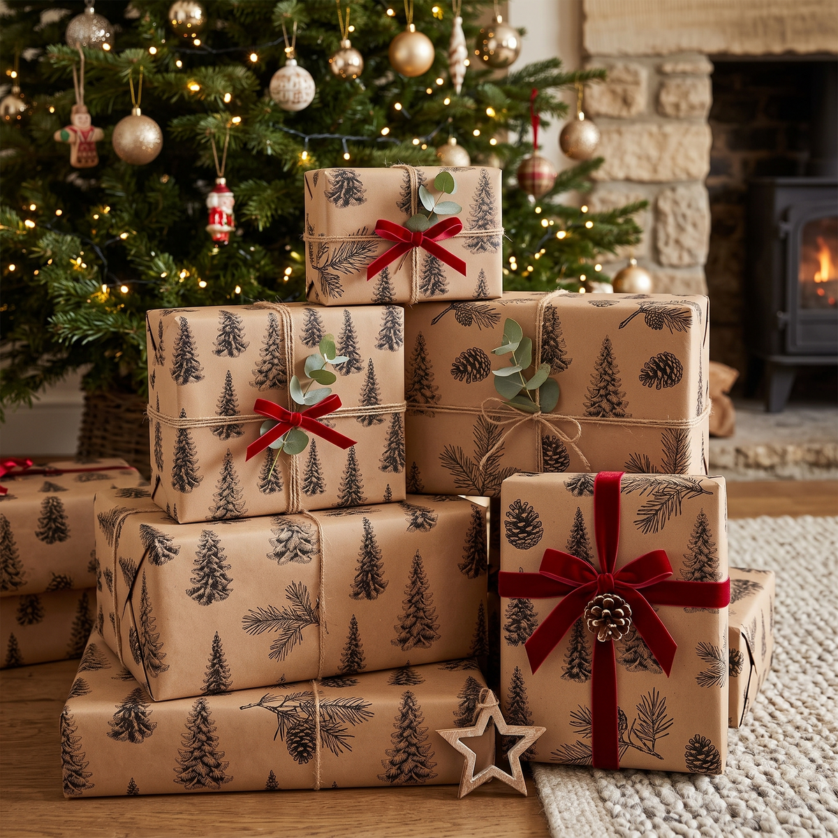 Kerst Inpakpapier – Extra Lange Rol Kraftpapier met Natuurlijke Print (3)