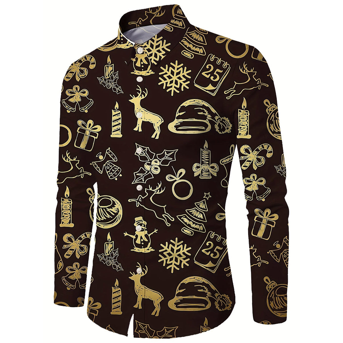 Kerst Overhemd Heren Bruin met Gouden Print