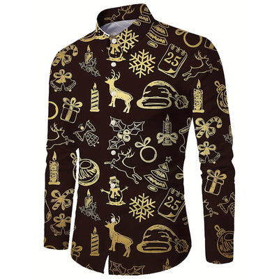 Kerst Overhemd Heren Bruin met Gouden Print