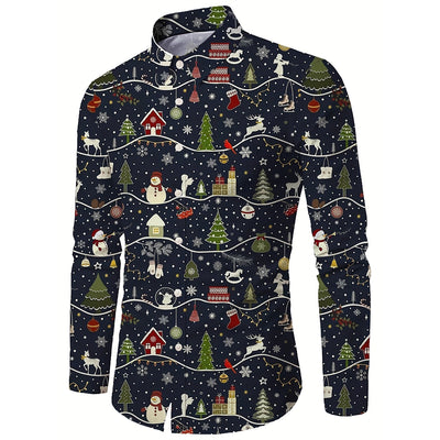 Kerst Overhemd Heren Marineblauw met Kerstdorp